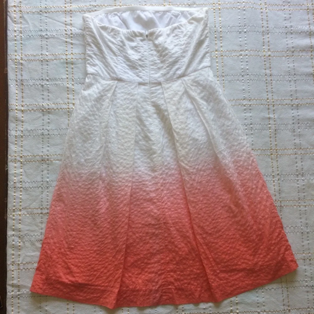 J Crew Dress Red Orange White Embossed Cotton Dip Dye Strapless 15200 Size 2